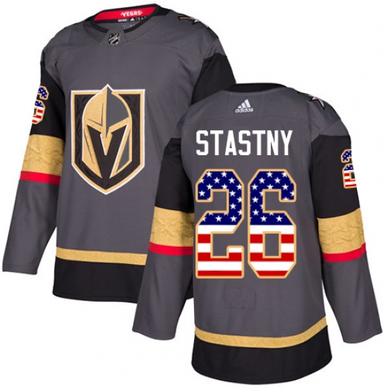 Men's Adidas Vegas Golden Knights 26 Paul Stastny Authentic Gray USA Flag Fashion NHL Jersey