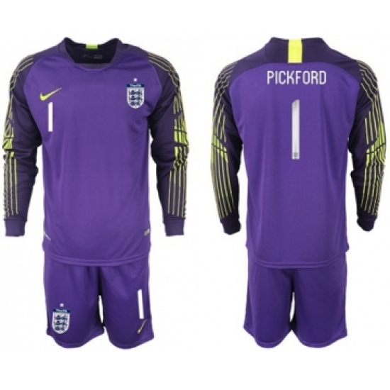 England 1 Pickford Purple Long Sleeves Goalkeeper Soccer Country Jersey