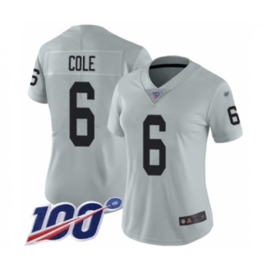 Women's Oakland Raiders 6 A.J. Cole Limited Silver Inverted Legend 100th Season Football Jersey