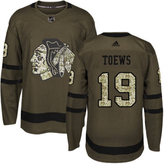 Men's Reebok Chicago Blackhawks 19 Jonathan Toews Authentic Green Salute to Service NHL Jersey