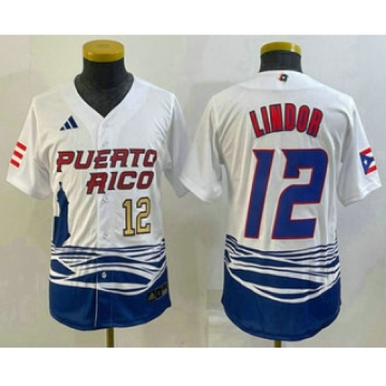 Youth Puerto Rico Baseball 12 Francisco Lindor Number 2023 White World Baseball Classic Stitched Jersey1