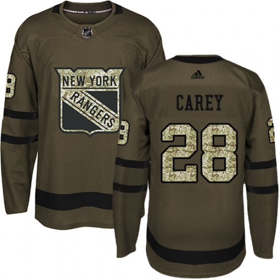 Men's Adidas New York Rangers 28 Paul Carey Authentic Green Salute to Service NHL Jersey