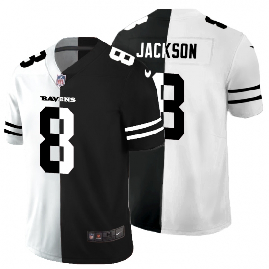 Men's Baltimore Ravens 8 Lamar Jackson Black White Limited Split Fashion Football Jersey