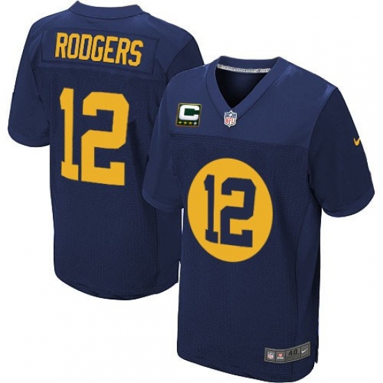 Men's Nike Green Bay Packers 12 Aaron Rodgers Elite Navy Blue Alternate C Patch NFL Jersey