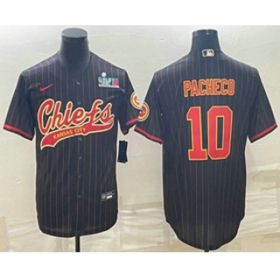 Men's Kansas City Chiefs 10 Isiah Pacheco Black Pinstripe With Super Bowl LVII Patch Cool Base Stitched Baseball Jersey