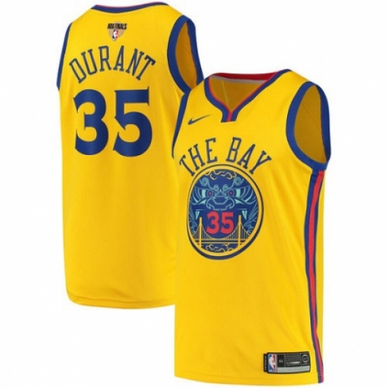 Men's Nike Golden State Warriors 35 Kevin Durant Authentic Gold 2018 NBA Finals Bound NBA Jersey - City Edition