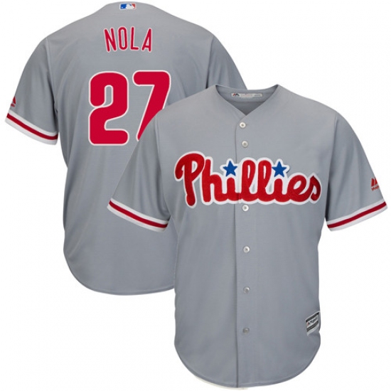 Men's Majestic Philadelphia Phillies 27 Aaron Nola Replica Grey Road Cool Base MLB Jersey