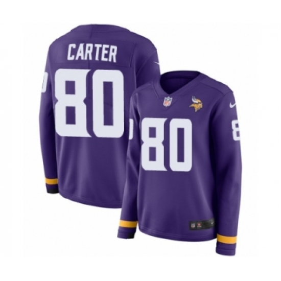 Women's Nike Minnesota Vikings 80 Cris Carter Limited Purple Therma Long Sleeve NFL Jersey