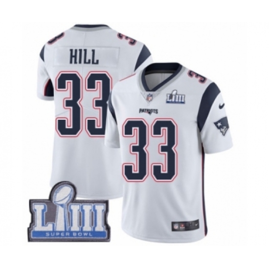 Men's Nike New England Patriots 33 Jeremy Hill White Vapor Untouchable Limited Player Super Bowl LIII Bound NFL Jersey