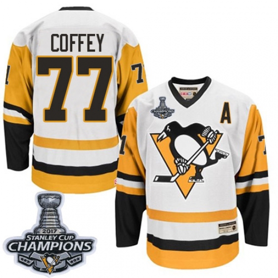 Men's CCM Pittsburgh Penguins 77 Paul Coffey Authentic White Throwback 2017 Stanley Cup Champions NHL Jersey