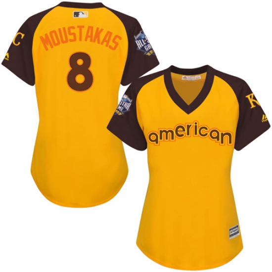 Women's Majestic Kansas City Royals 8 Mike Moustakas Authentic Yellow 2016 All-Star American League BP Cool Base MLB Jersey