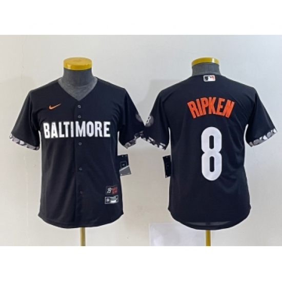 Youth Baltimore Orioles 8 Cal Ripken Jr Black 2023 City Connect Cool Base Stitched Jersey 1