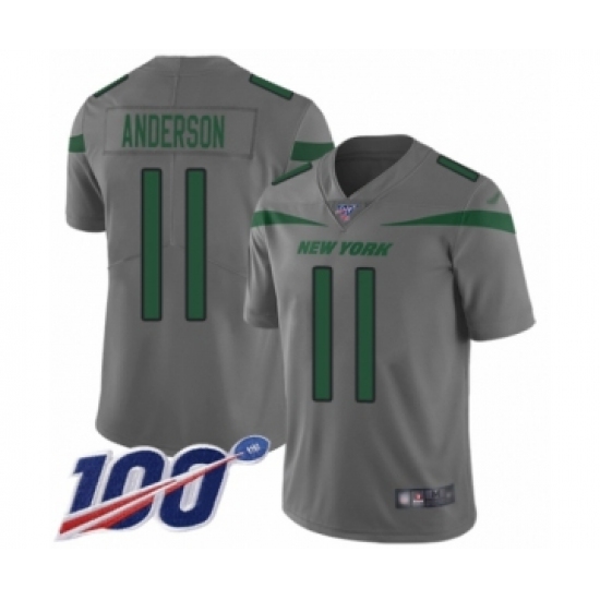 Men's New York Jets 11 Robby Anderson Limited Gray Inverted Legend 100th Season Football Jersey