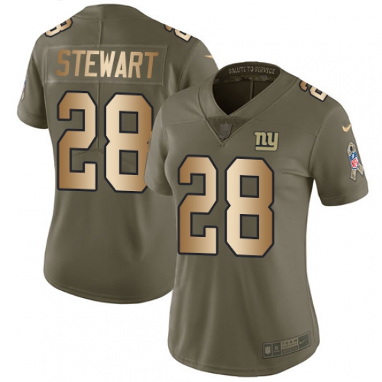 Women's Nike New York Giants 28 Jonathan Stewart Limited Olive Gold 2017 Salute to Service NFL Jersey