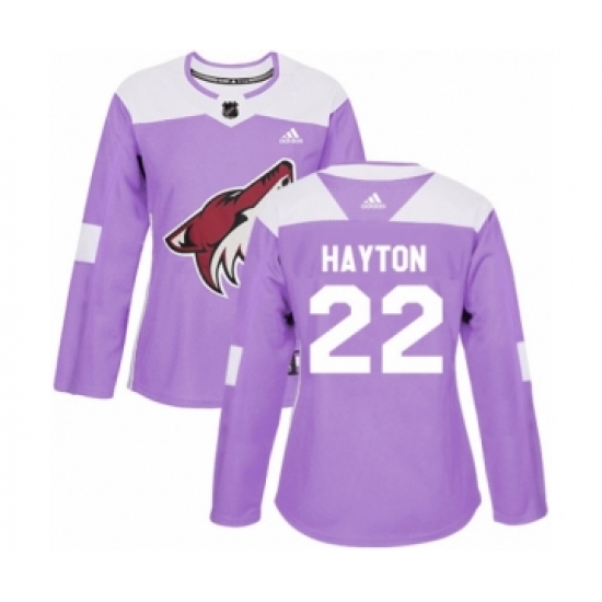 Women's Adidas Arizona Coyotes 22 Barrett Hayton Authentic Purple Fights Cancer Practice NHL Jersey