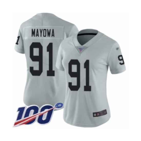Women's Oakland Raiders 91 Benson Mayowa Limited Silver Inverted Legend 100th Season Football Jersey