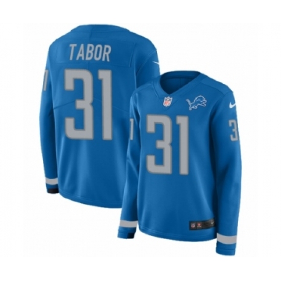 Women's Nike Detroit Lions 31 Teez Tabor Limited Blue Therma Long Sleeve NFL Jersey