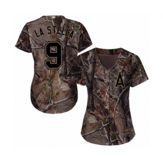 Women's Los Angeles Angels of Anaheim 9 Tommy La Stella Authentic Camo Realtree Collection Flex Base Baseball Jersey