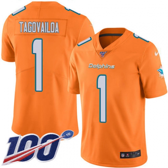 Men's Miami Dolphins 1 Tua Tagovailoa Orange Stitched Limited Rush 100th Season Jersey