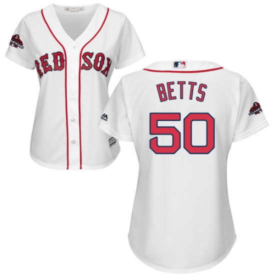 Women's Majestic Boston Red Sox 50 Mookie Betts Authentic White Home 2018 World Series Champions MLB Jersey