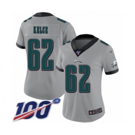 Women's Philadelphia Eagles 62 Jason Kelce Limited Silver Inverted Legend 100th Season Football Jersey