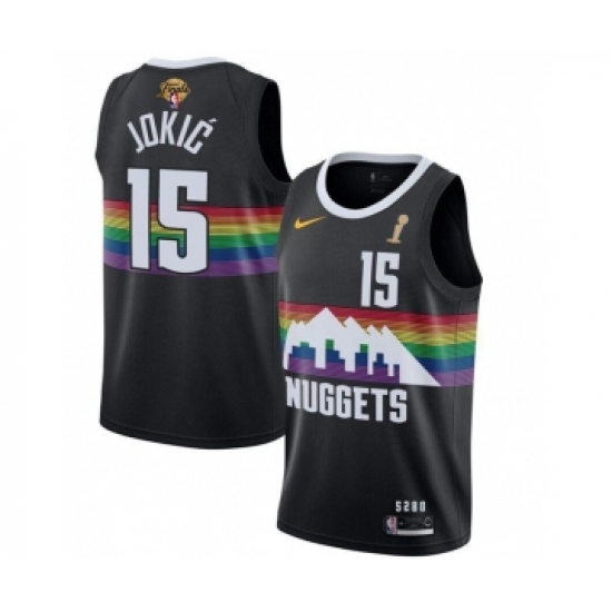 Men's Denver Nuggets 15 Nikola Jokic Black 2023 Finals Champions City Edition Stitched Basketball Jersey