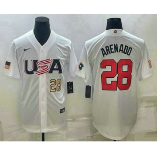 Men's USA Baseball 28 Nolan Arenado Number 2023 White World Baseball Classic Replica Stitched Jersey