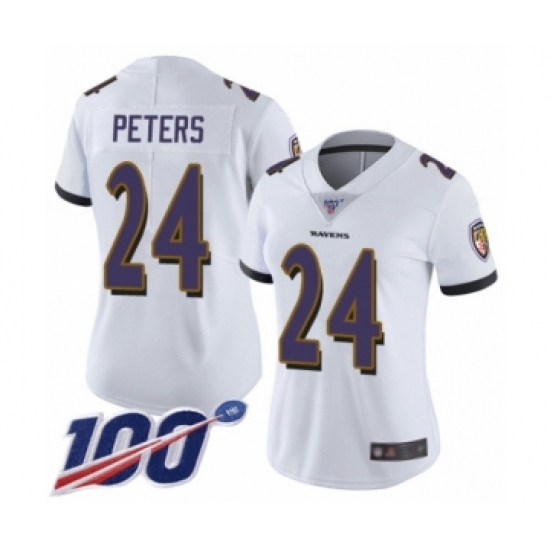 Women's Baltimore Ravens 24 Marcus Peters White Vapor Untouchable Limited Player 100th Season Football Jersey