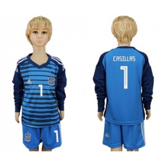 Spain 1 Casillas Blue Long Sleeves Goalkeeper Kid Soccer Country Jersey