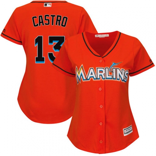 Women's Majestic Miami Marlins 13 Starlin Castro Replica Orange Alternate 1 Cool Base MLB Jersey