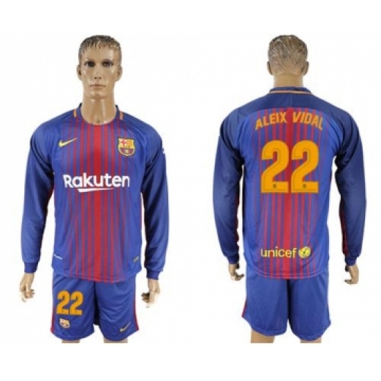 Barcelona 22 Aleix Vidal Home Long Sleeves Soccer Club Jersey