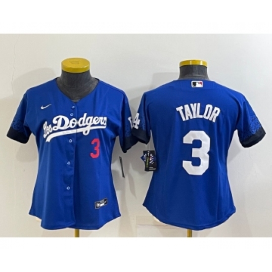 Women's Los Angeles Dodgers 3 Chris Taylor Blue 2022 Number Cool Base Stitched Nike Jersey