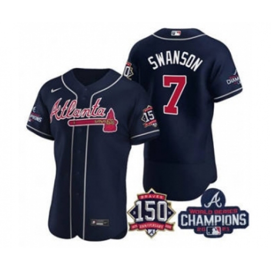 Men's Atlanta Braves 7 Dansby Swanson 2021 Navy World Series Champions With 150th Anniversary Flex Base Stitched Jersey