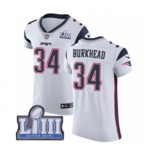 Men's Nike New England Patriots 34 Rex Burkhead White Vapor Untouchable Elite Player Super Bowl LIII Bound NFL Jersey