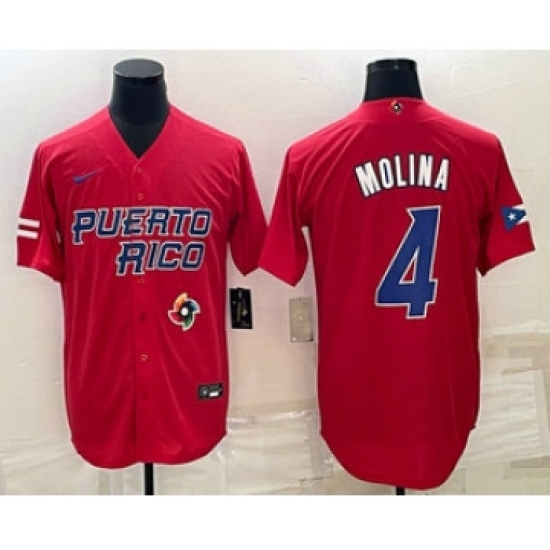 Men's Puerto Rico Baseball 4 Yadier Molina 2023 Red World Baseball Classic Stitched Jersey