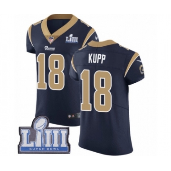 Men's Nike Los Angeles Rams 18 Cooper Kupp Navy Blue Team Color Vapor Untouchable Elite Player Super Bowl LIII Bound NFL Jersey