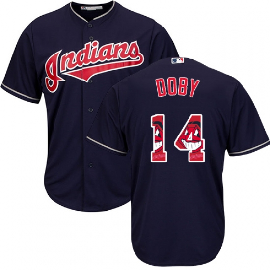 Men's Majestic Cleveland Indians 14 Larry Doby Authentic Navy Blue Team Logo Fashion Cool Base MLB Jersey