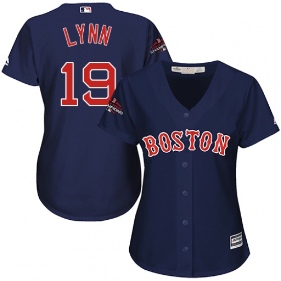 Women's Majestic Boston Red Sox 19 Fred Lynn Authentic Navy Blue Alternate Road 2018 World Series Champions MLB Jersey