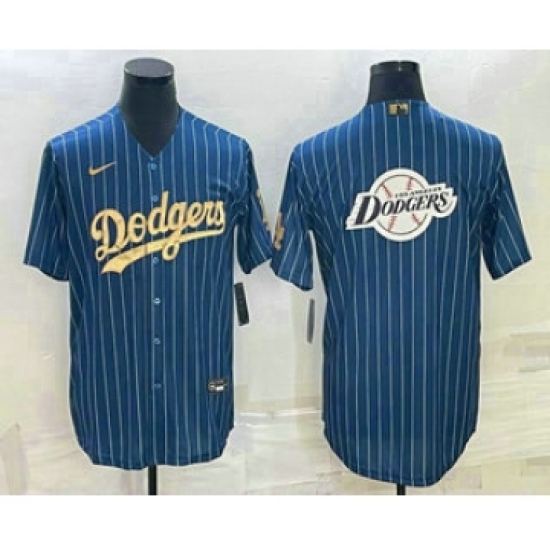 Men's Los Angeles Dodgers Big Logo Navy Blue Pinstripe Stitched MLB Cool Base Nike Jersey2