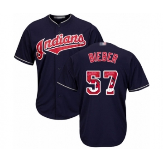 Men's Cleveland Indians 57 Shane Bieber Authentic Navy Blue Team Logo Fashion Cool Base Baseball Jersey
