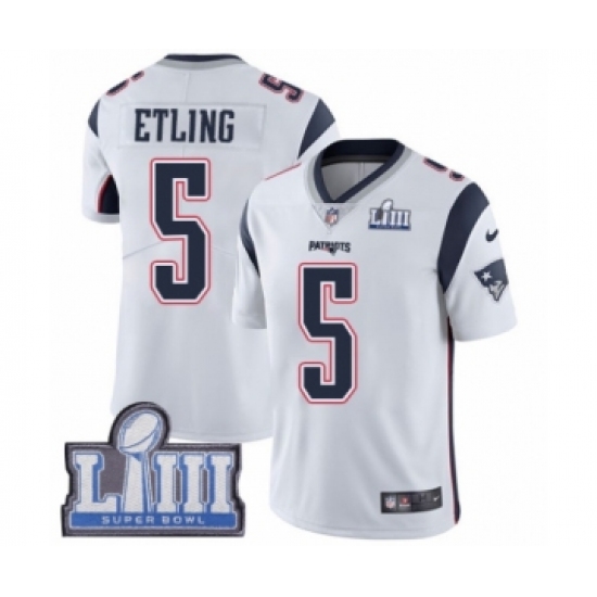 Men's Nike New England Patriots 5 Danny Etling White Vapor Untouchable Limited Player Super Bowl LIII Bound NFL Jersey