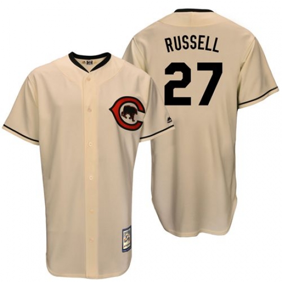 Men's Majestic Chicago Cubs 27 Addison Russell Authentic Cream Cooperstown Throwback MLB Jersey