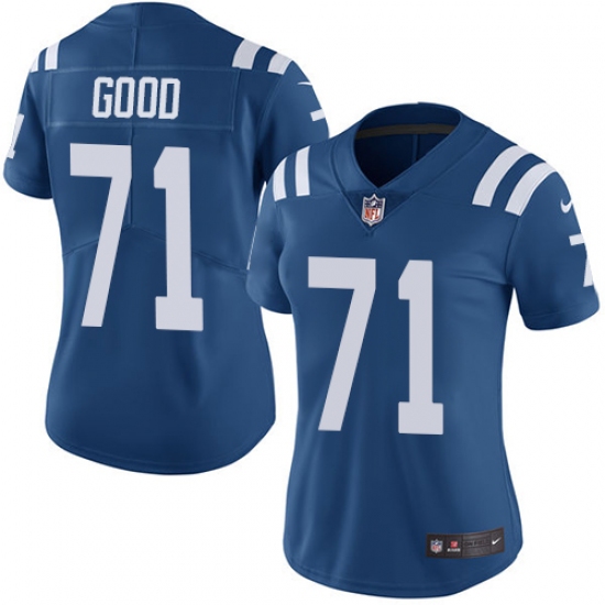 Women's Nike Indianapolis Colts 71 Denzelle Good Royal Blue Team Color Vapor Untouchable Limited Player NFL Jersey