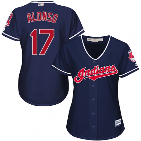 Women's Majestic Cleveland Indians 17 Yonder Alonso Authentic Navy Blue Alternate 1 Cool Base MLB Jersey
