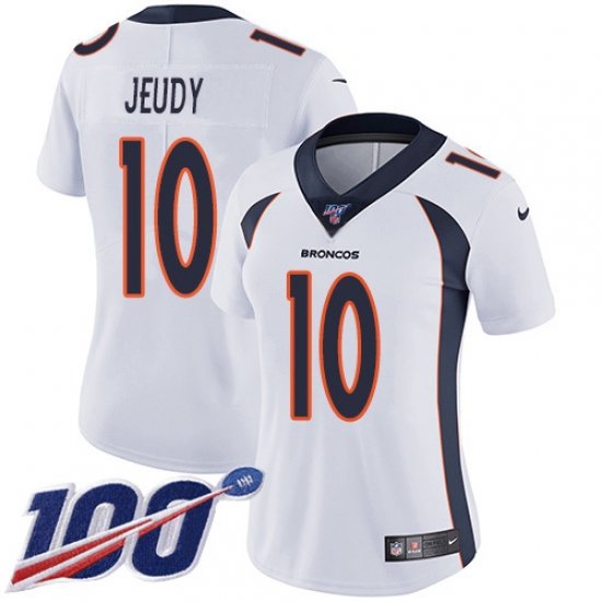 Women's Denver Broncos 10 Jerry Jeudy White Stitched 100th Season Vapor Untouchable Limited Jersey
