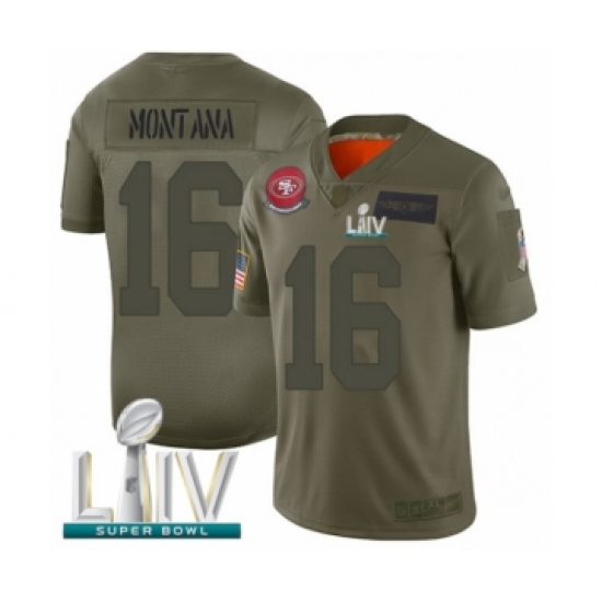 Men's San Francisco 49ers 16 Joe Montana Limited Olive 2019 Salute to Service Super Bowl LIV Bound Football Jersey