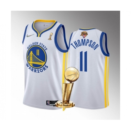 Men's Golden State Warriors 11 Klay Thompson White 2022 NBA Finals Champions Stitched Jersey