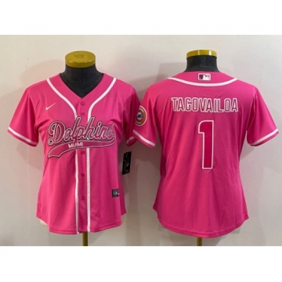 Women's Miami Dolphins 1 Tua Tagovailoa Pink With Patch Cool Base Stitched Baseball Jersey