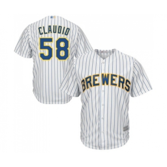 Youth Milwaukee Brewers 58 Alex Claudio Replica White Home Cool Base Baseball Jersey