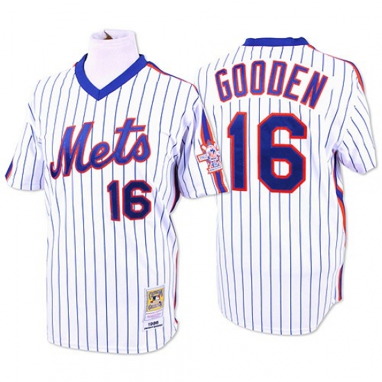 Men's Mitchell and Ness New York Mets 16 Dwight Gooden Authentic White/Blue Strip Throwback MLB Jersey